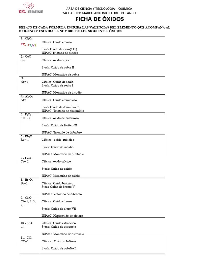 3ro - Ficha De Óxidos | PDF | Óxido | Conjuntos De Elementos Químicos