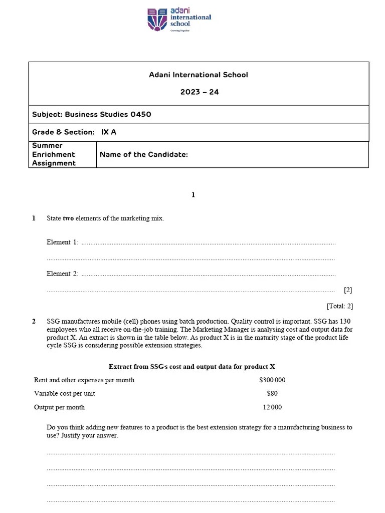 IGCSE Business Studies 0450 Worksheet | PDF | Marketing | Pricing