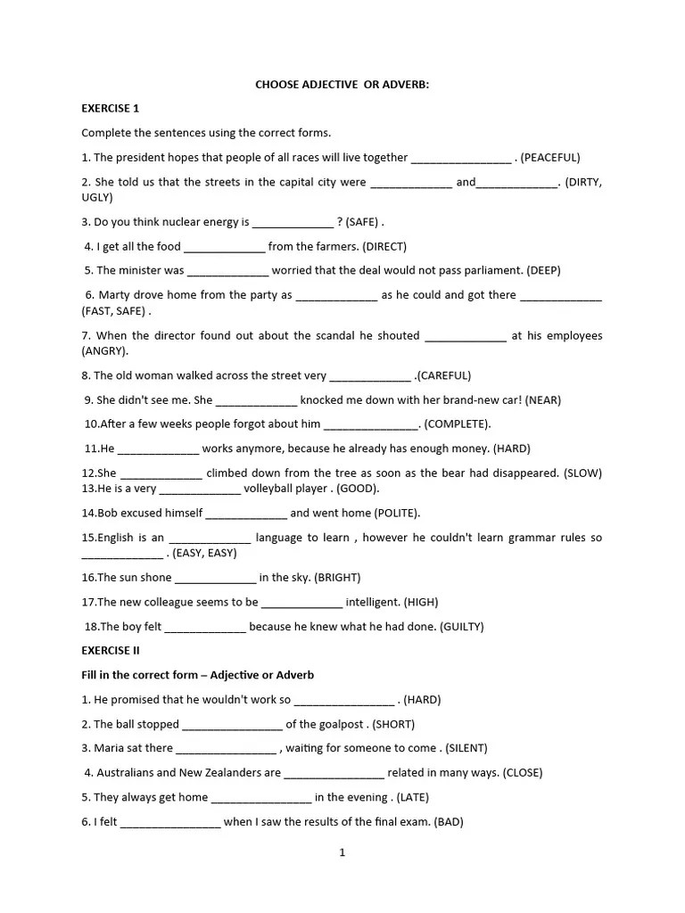 Adjectives Adverbs Exercises Pdf