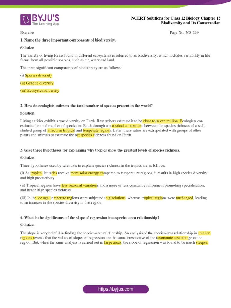 NCERT Solutions For Class 12 March 30 Biology Chapter 15 Biodiversity ...