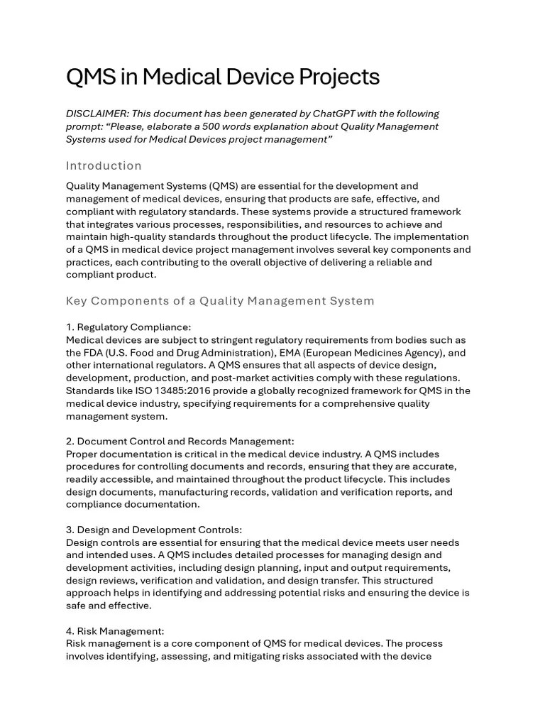 QMS In Medical Device Projects | PDF | Quality Management System ...