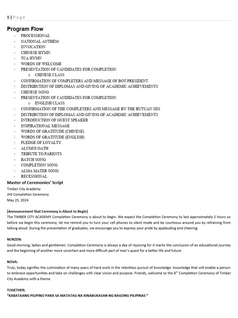 Master Of Ceremonies Script 18th Commencement Exercise San Agustin NHS | PDF