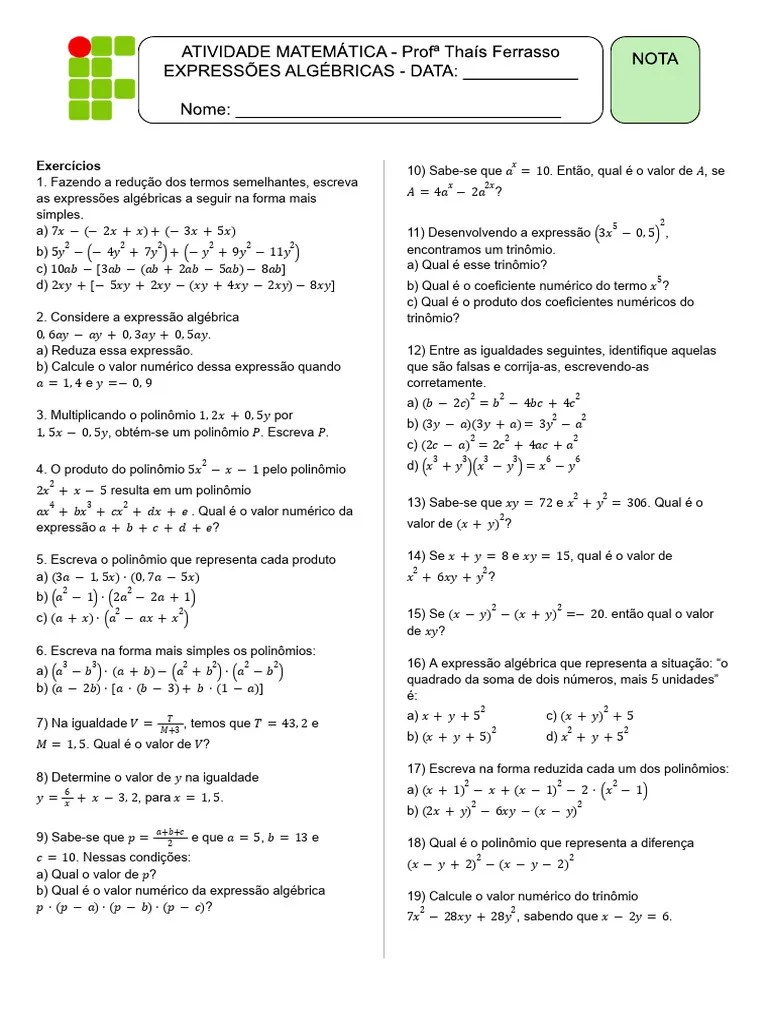 AT2_Expressões Algébricas - Documentos Google | PDF | Matemática | Álgebra