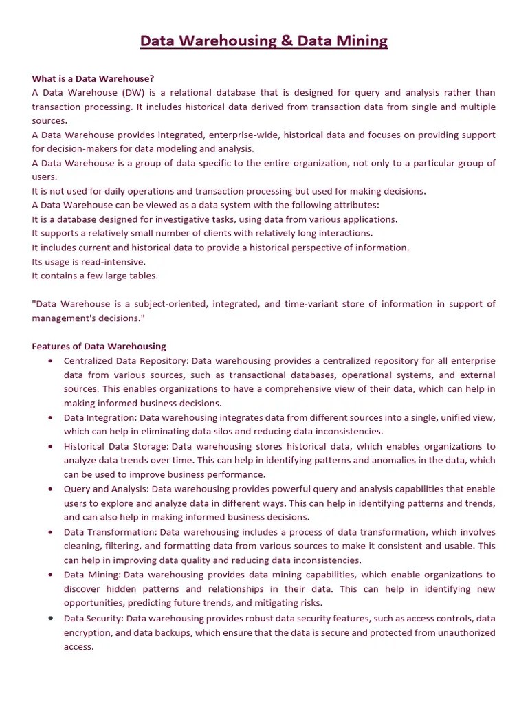 DWDM Notes - Final | PDF | Data Warehouse | Databases