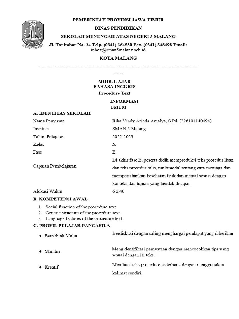 Modul Ajar Bahasa Inggris Procedure Text | PDF | Karier & Perkembangan | Kesehatan Holistik
