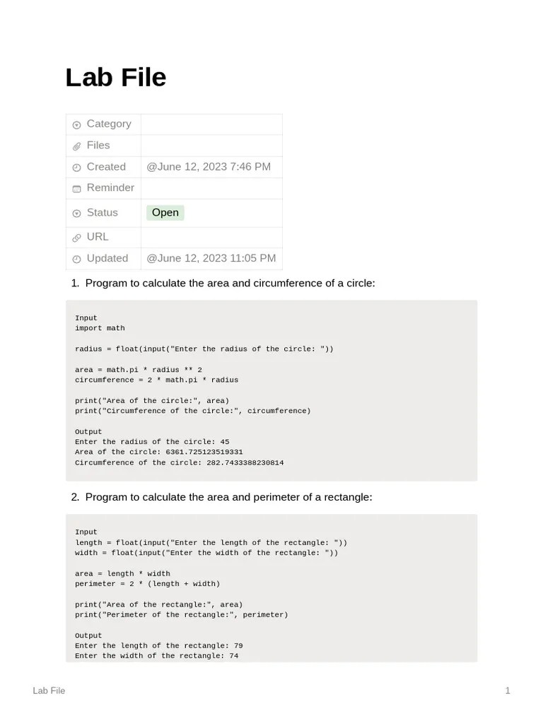 Python Lab File | PDF | Area | Fahrenheit