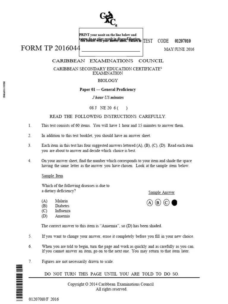 Csec-biology-june-2016-p1 | PDF | Heart Valve | Mitochondrion