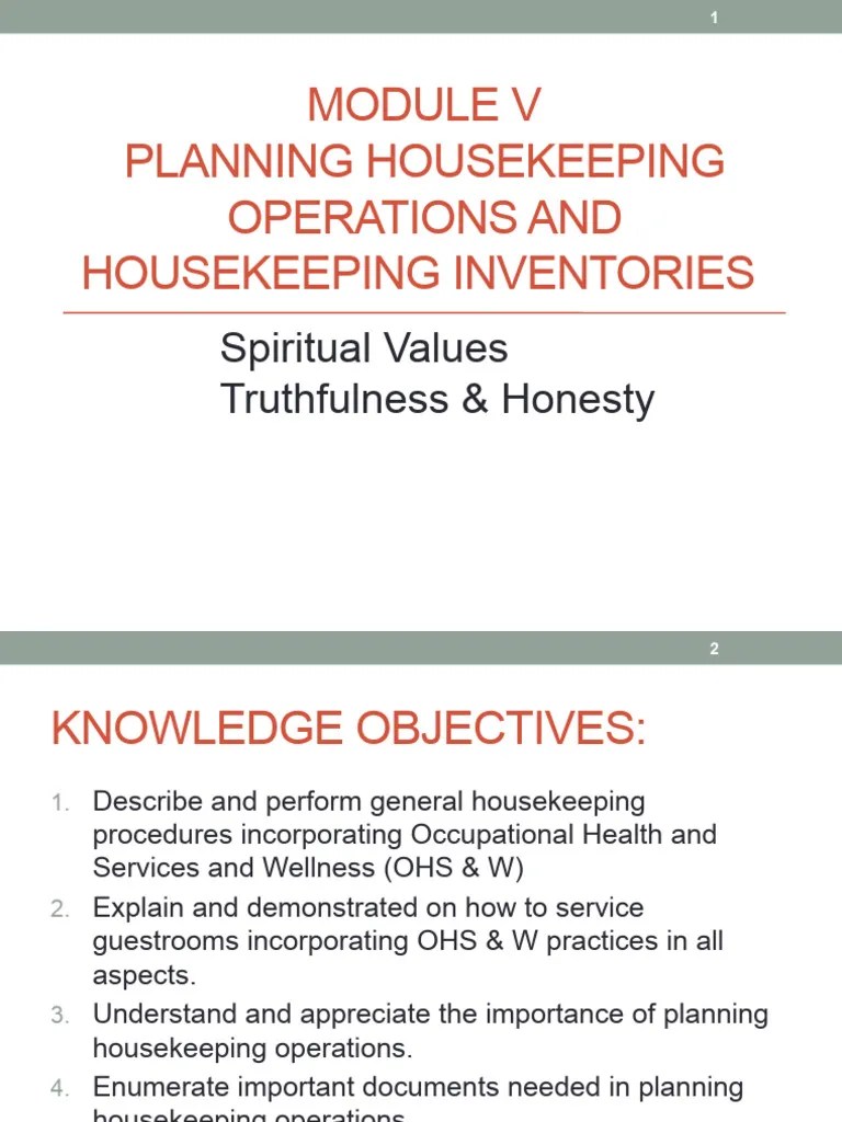 Module V Lodging Planning Housekeeping Operations And Housekeeping ...