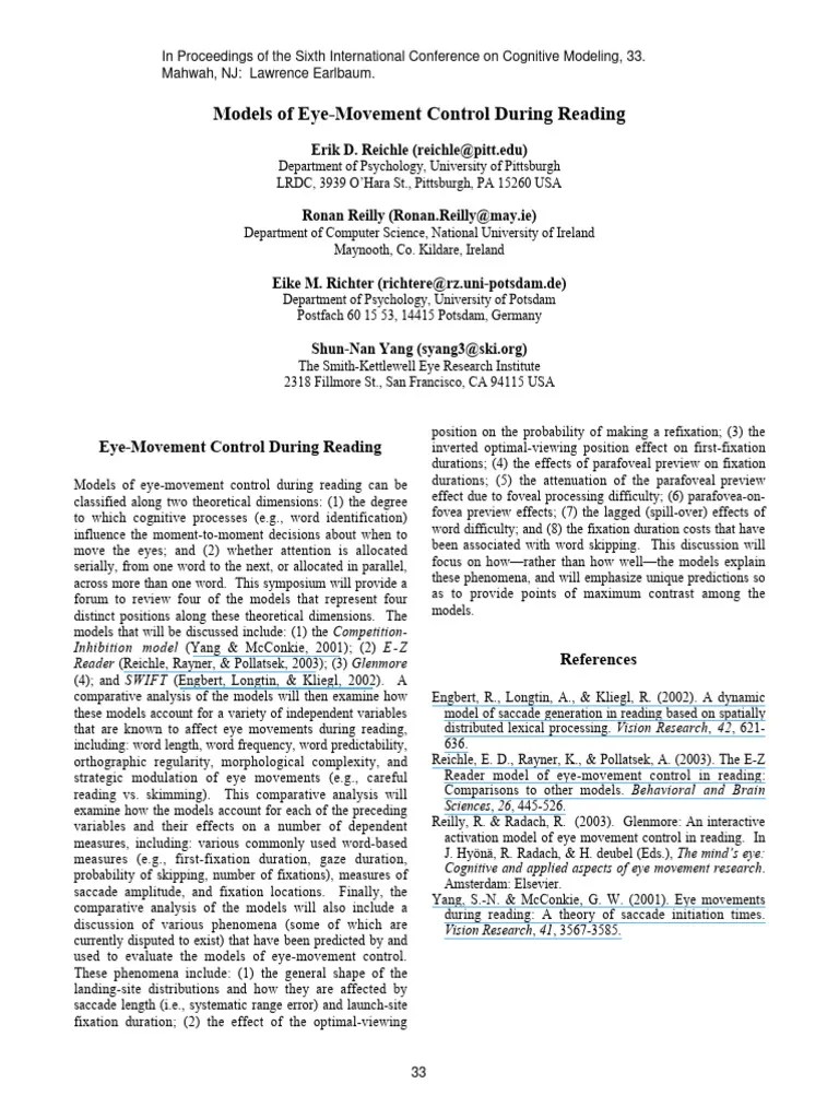 Models Of Eye Movement Control During Re | PDF | Cognitive Science ...