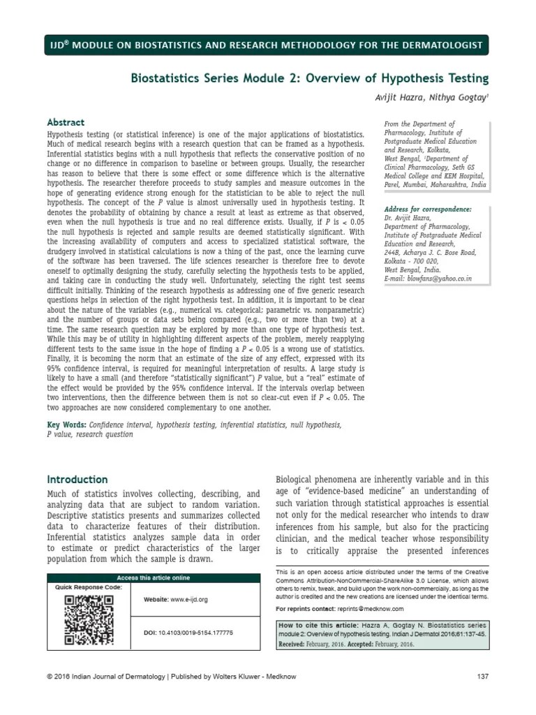 Biostatistics Series Module 2. Overview Of Hypothesis Testing ...