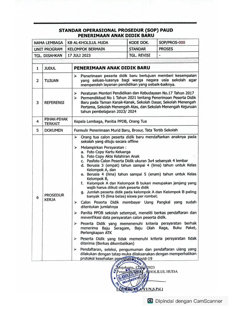 SOP PENERIMAAN ANAK DIDIK BARU KB AL KHOLILUL HUDA | PDF