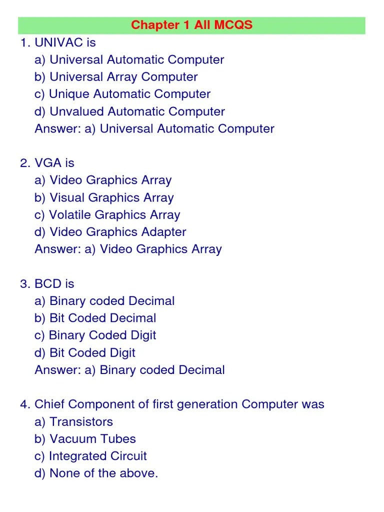 Chapter 1 All MCQS | PDF | Classes Of Computers | Computing