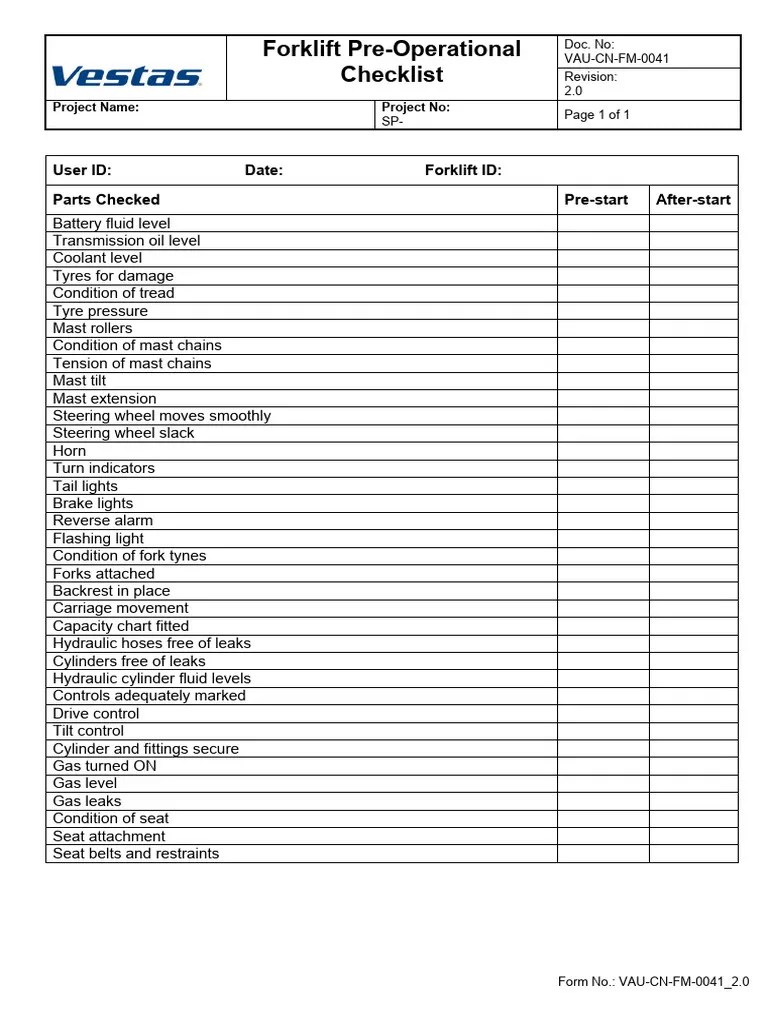 VAU-CN-FM-0041 Forklift Pre-Operational Checklist | PDF