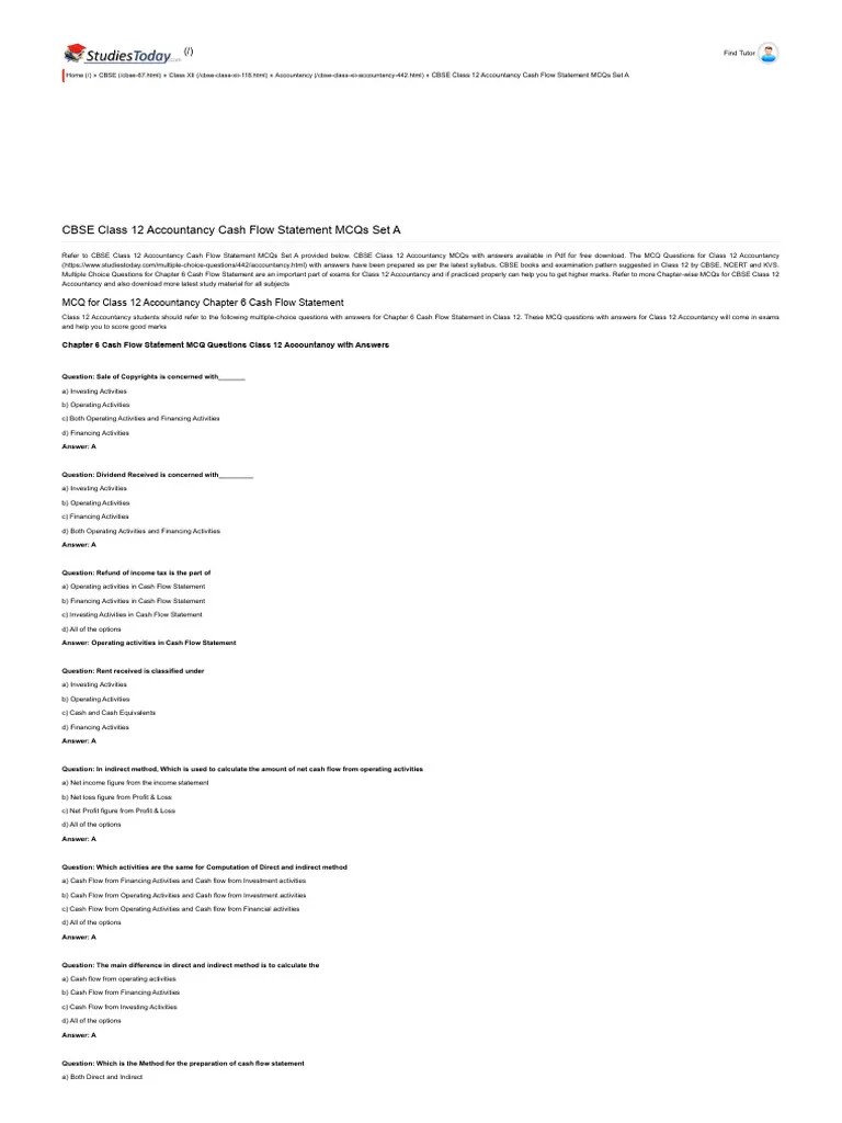 CBSE Class 12 Accountancy Cash Flow Statement MCQs Set A, Multiple Choice Questions | PDF ...