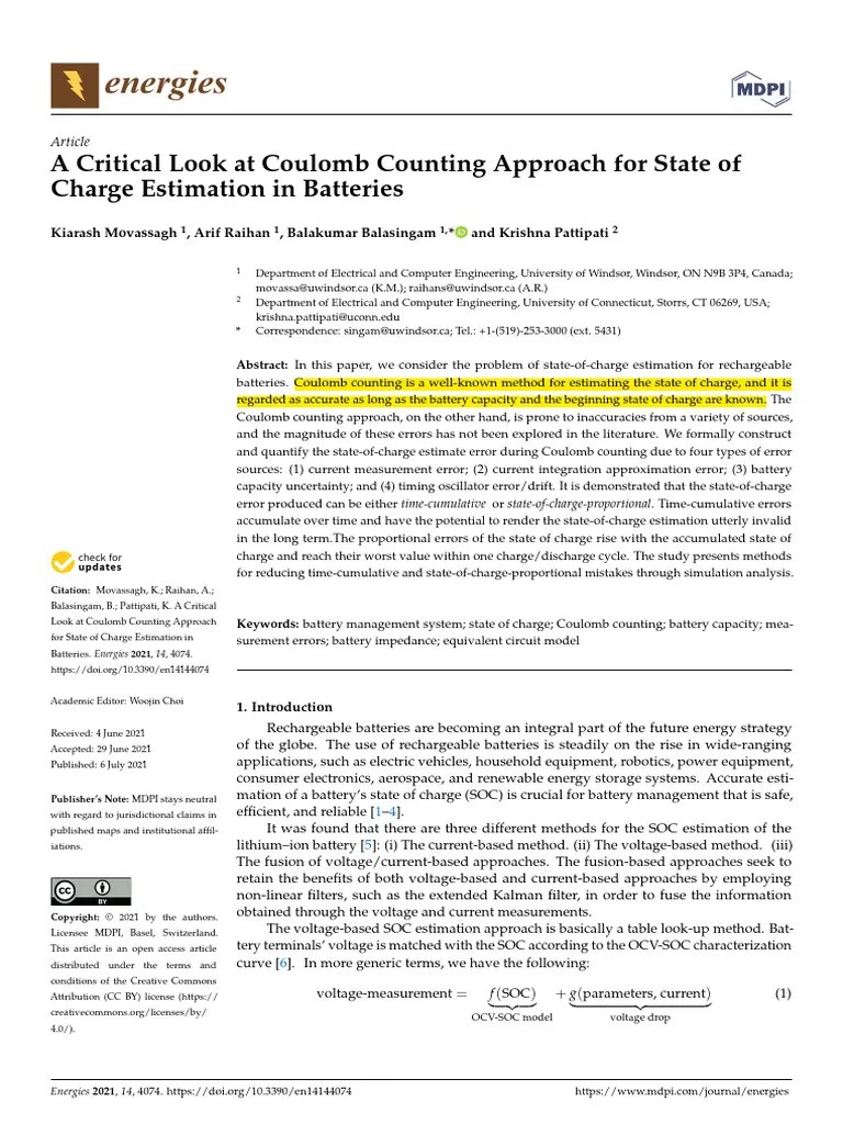 Coulomb Counting Approach For State Of Charge Estimation | PDF | Kalman ...