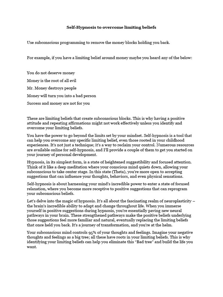 Self Hypnosis To Overcome Limiting Beliefs | PDF | Hypnosis | Thought