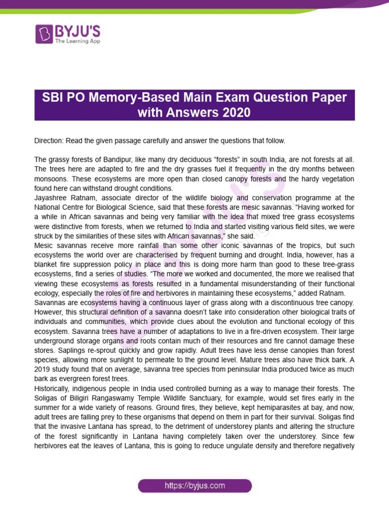 SBI PO Question Paper 2020 Mains | PDF | Forests | Savanna