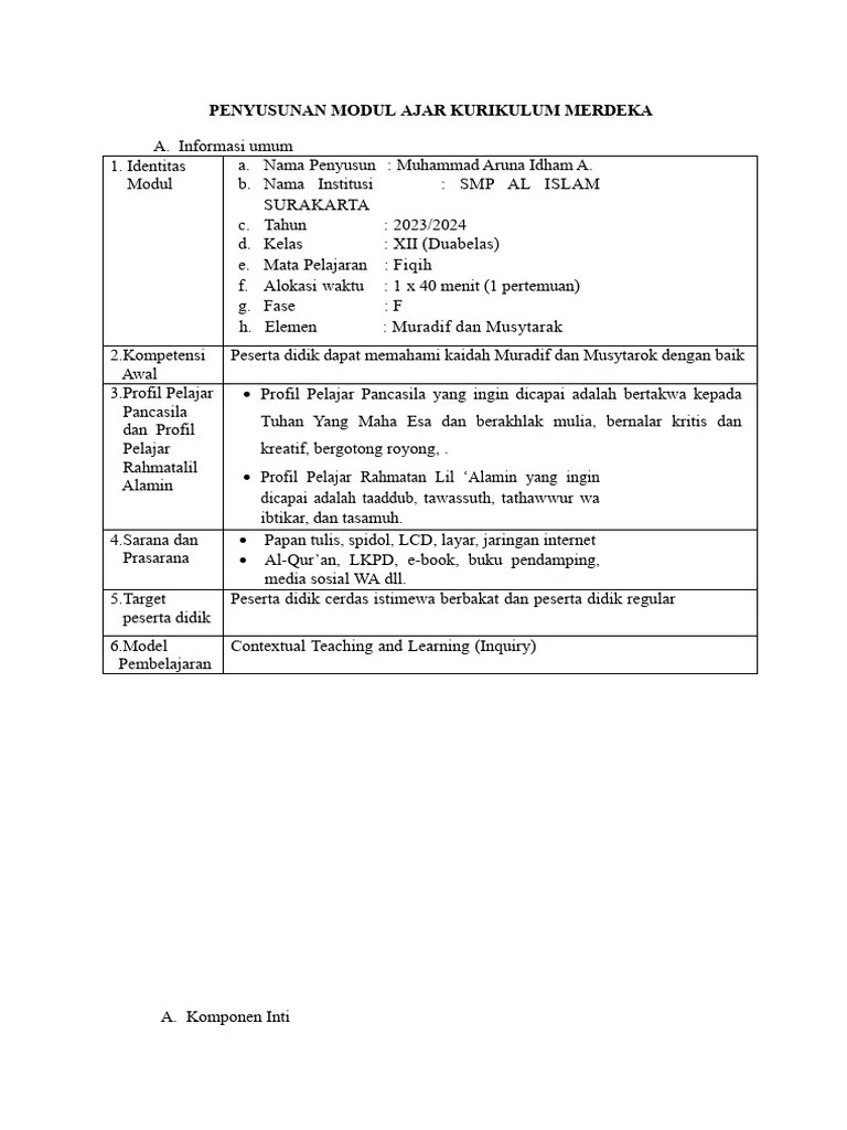 Modul Ajar Fiqih Kelas 12 Materi Muradif Dan Musytarok Okee | PDF