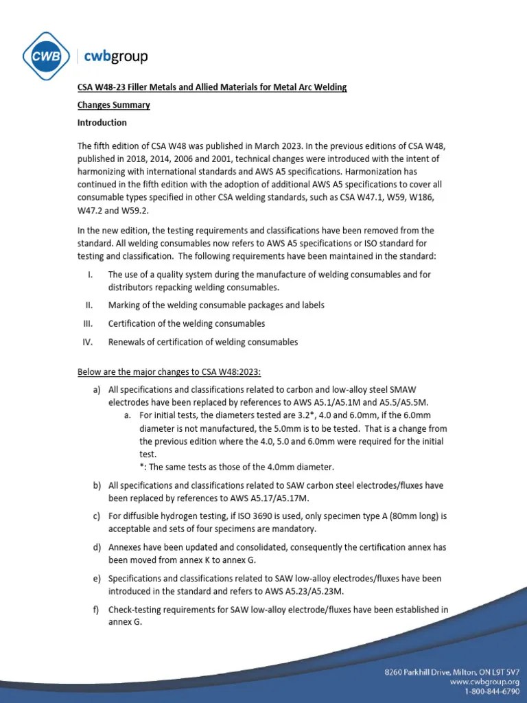 Csa W48-23 - Summary Of Changes And Implementation Plan | PDF | Welding | Construction