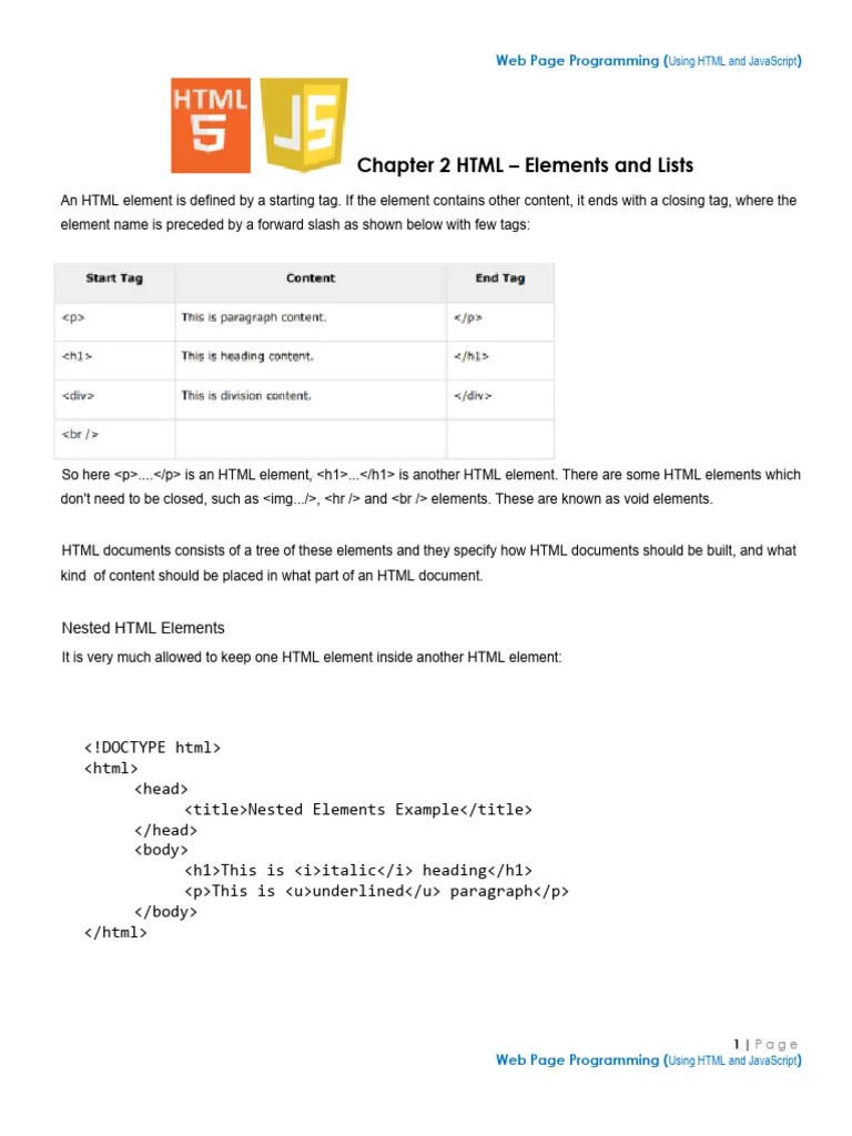 CHAPTER 2 - HTML - Elements And Lists | Download Free PDF | Html | Html ...