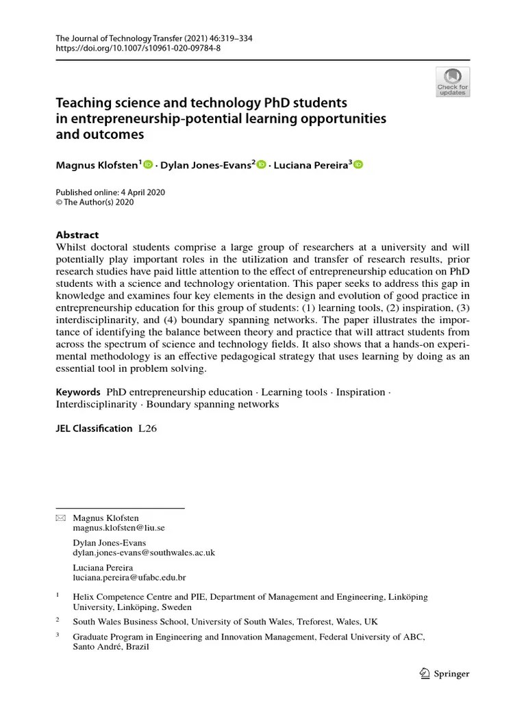 Teaching Science And Technology PHD Students In Entrepreneurship ...