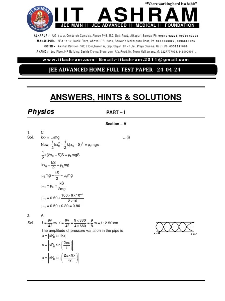JEE ADVANCED HOME FULL TEST PAPER__24-04-24_KEY & SOLUTIONS | PDF ...