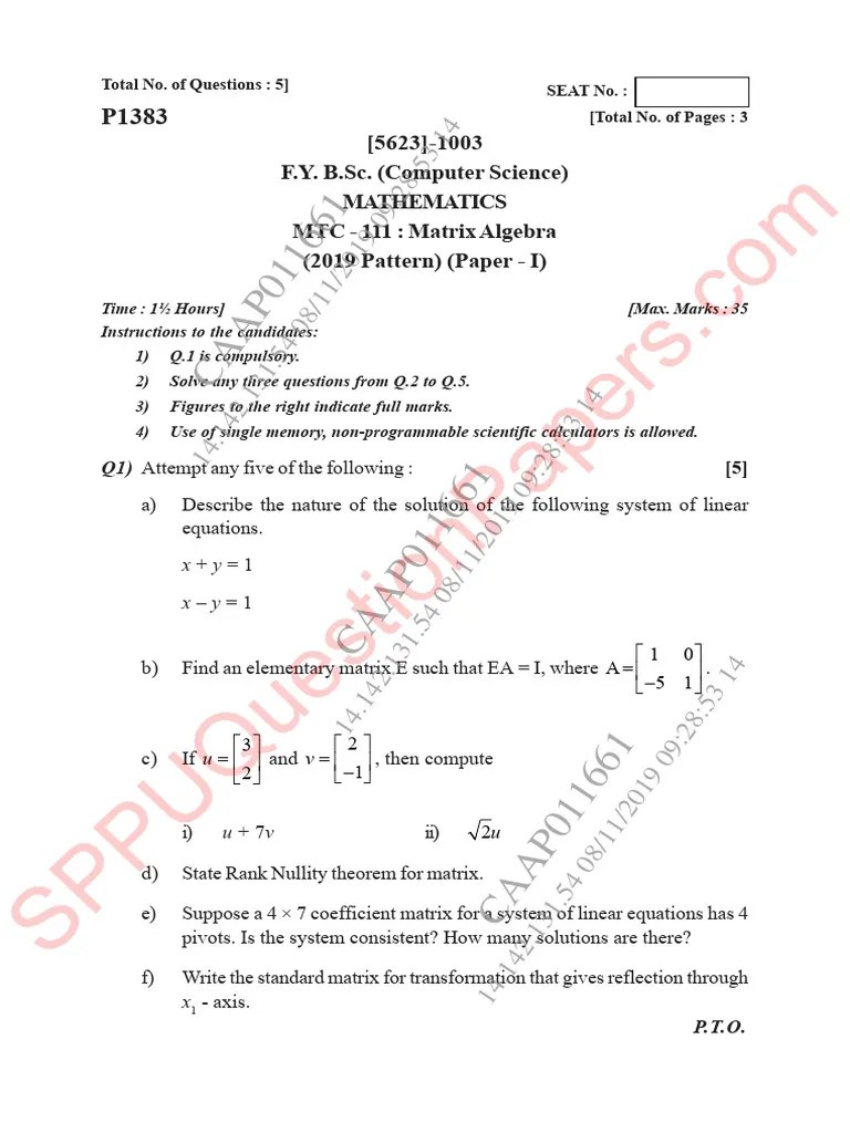 BSC - BSC Cs Mathematics - Semester 1 - 2019 - November - Matrix ...
