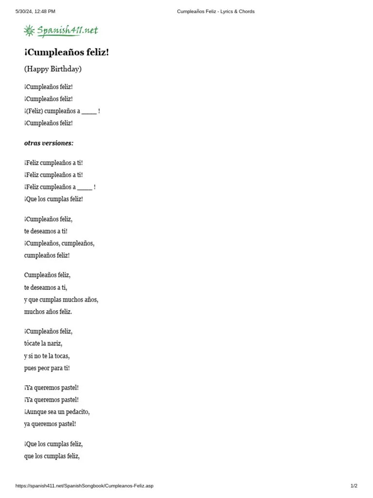 Cumpleaños Feliz - Lyrics & Chords | PDF