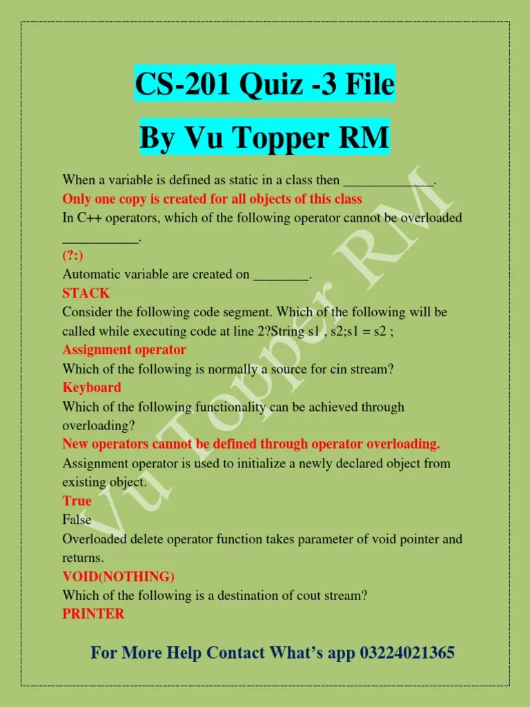 CS201 Quiz-3 By Vu Topper RM-2 | PDF | Pointer (Computer Programming ...