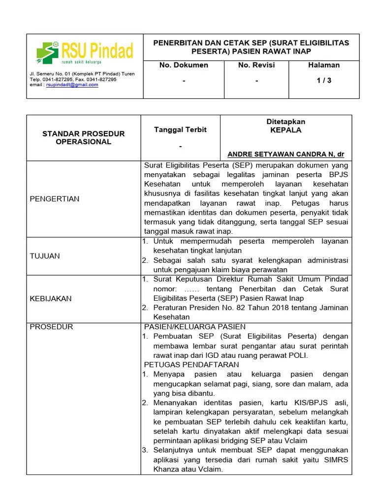 Standar Prosedur Operasional Penerbitan Dan Cetak Sep Ranap Pdf