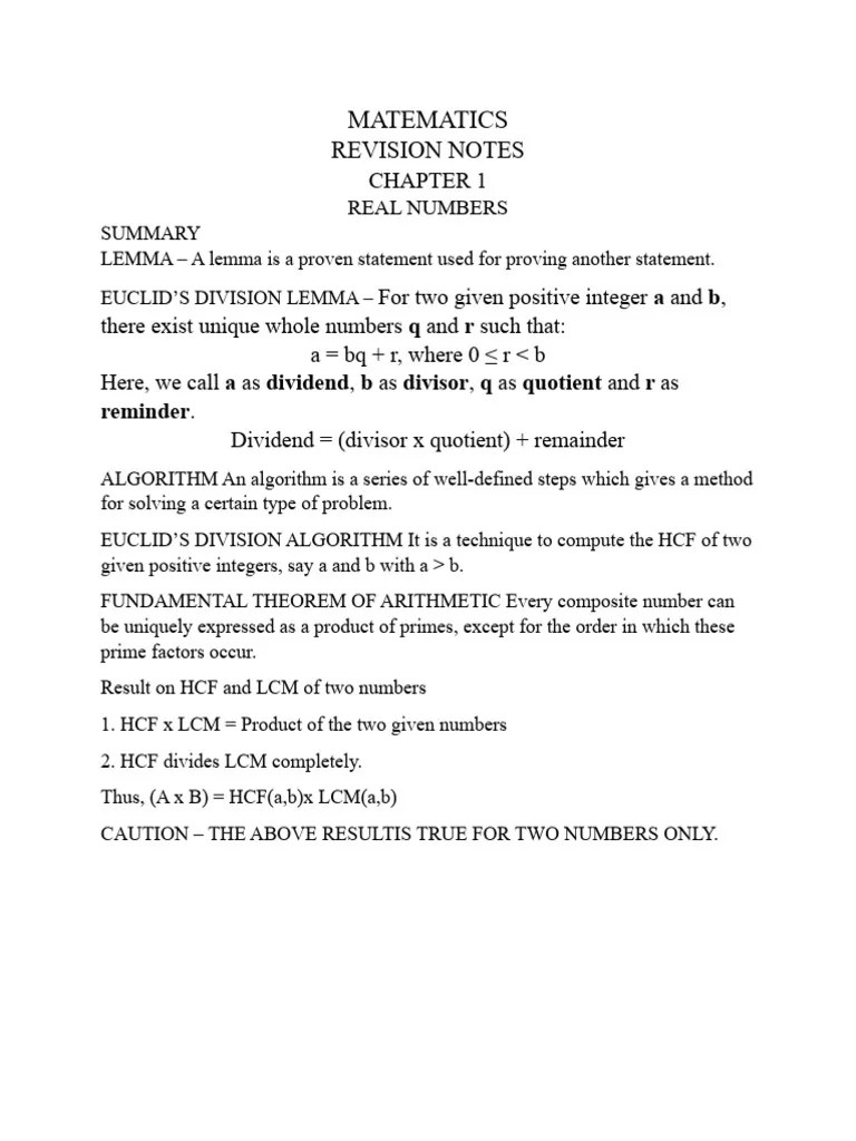 Revision Notes Chapter 1 Real Numbers | PDF