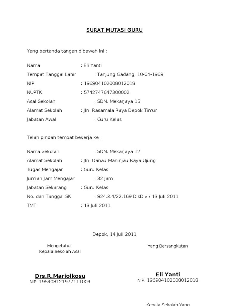 Surat permohonan edit induk gtk dari sekolah induk ditujukan kepada. Surat Mutasi Guru Pdf