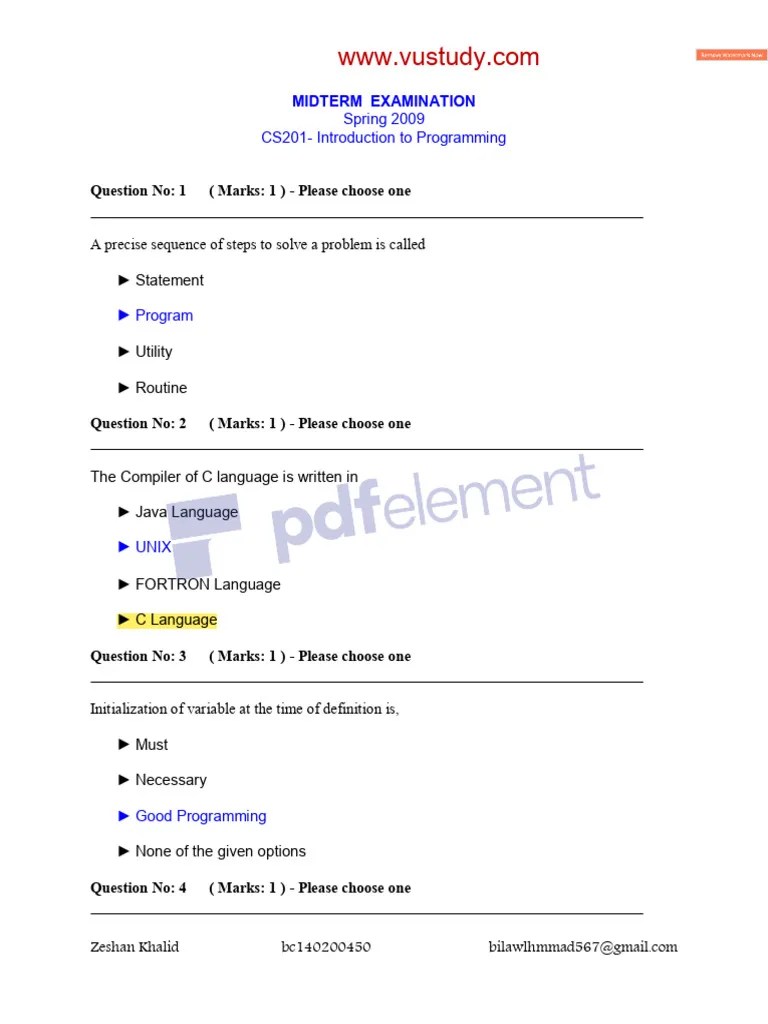 Cs201 Midterm Solved Mcqs With Reference | PDF | C (Programming ...