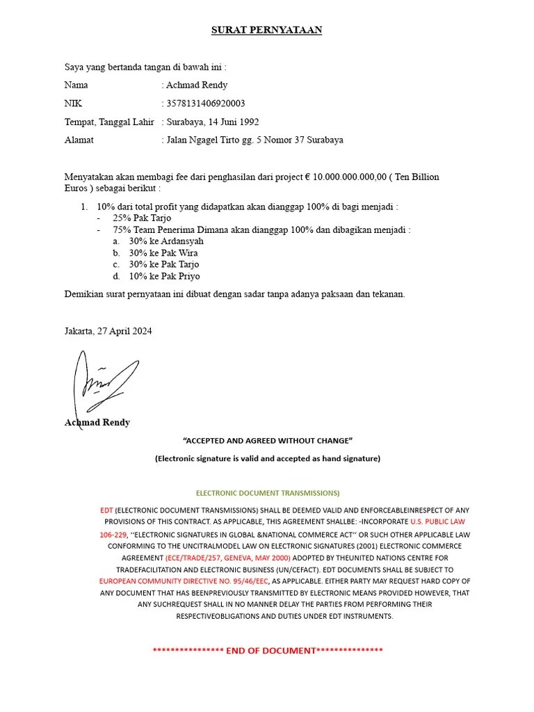 Surat Pernyataan Fee | PDF