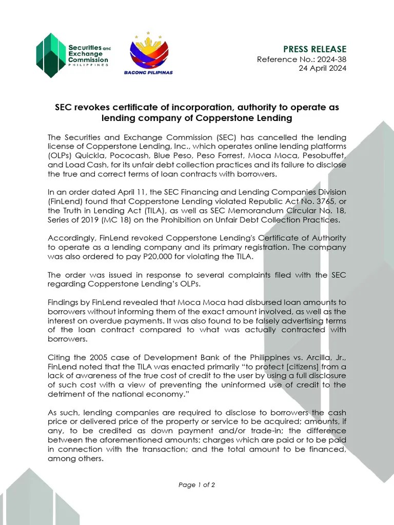 2024pr sec revokes certificate of incorporation authority to operate as