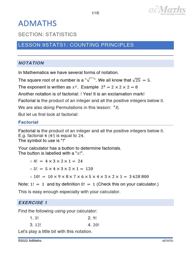 9STATS1 Counting Methods | PDF | Permutation | Numbers
