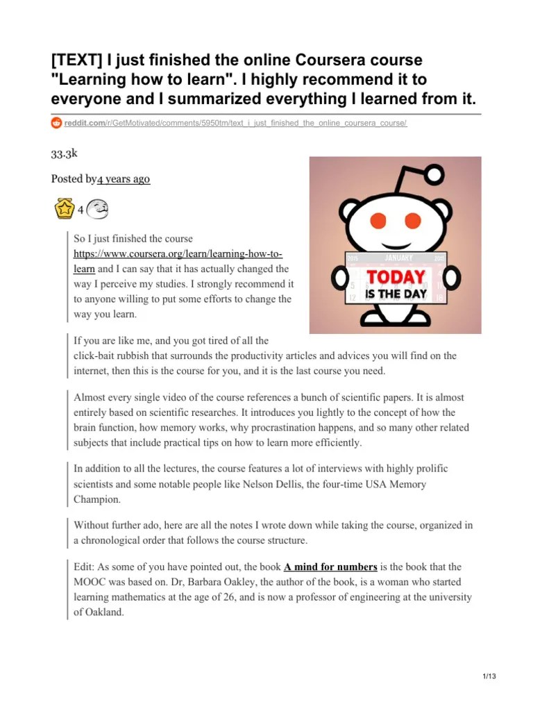 Learning How To Learn Summary | PDF | Habits | Memory