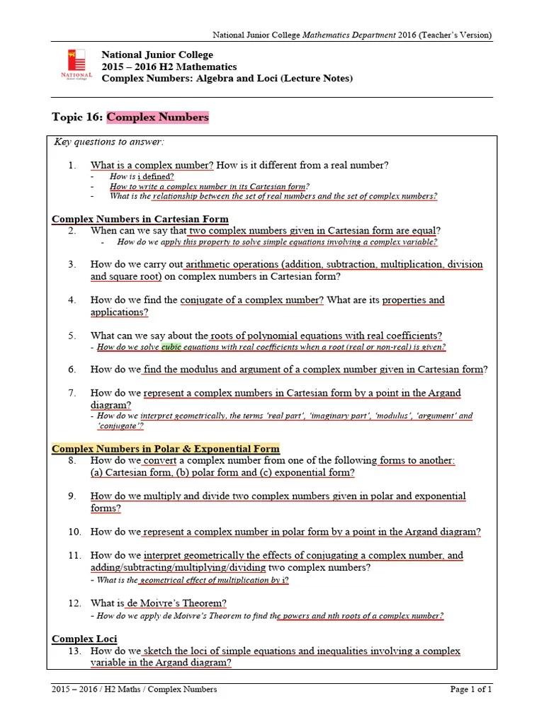 Complex Numbers Notes | PDF | Complex Number | Numbers