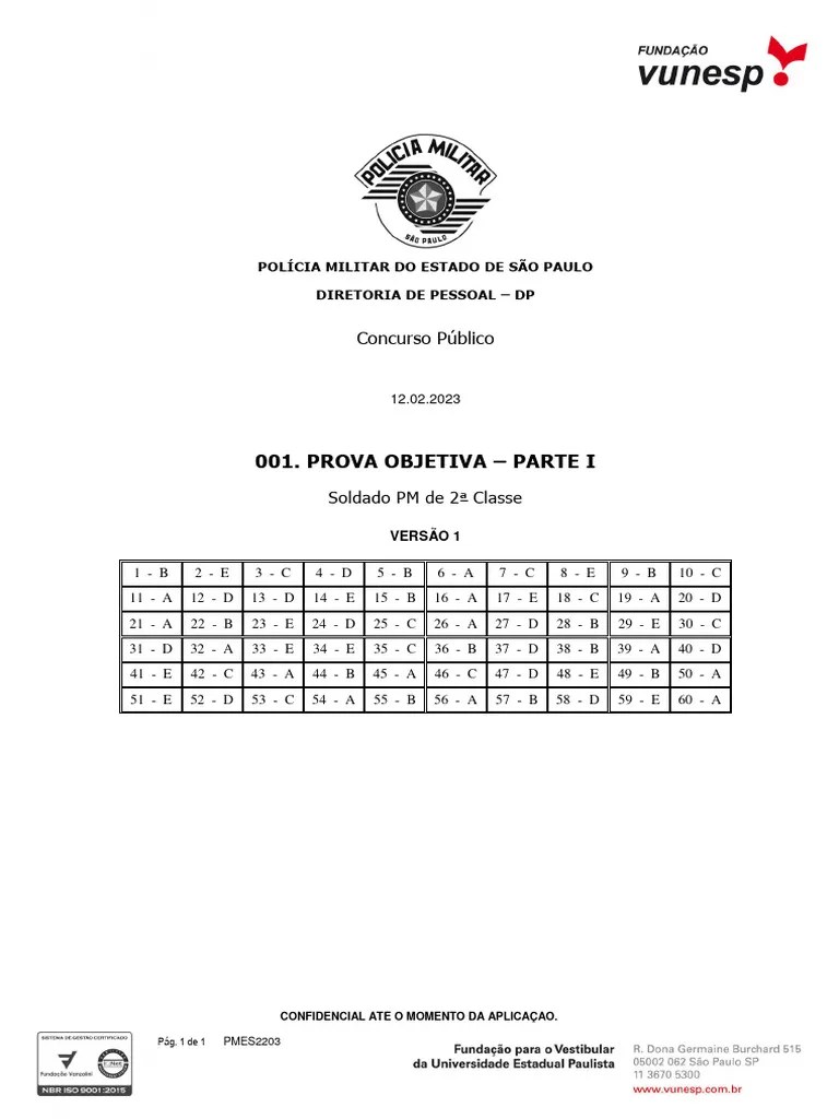 Vunesp 2023 Pm Sp Soldado Pm De 2a Classe Gabarito | PDF