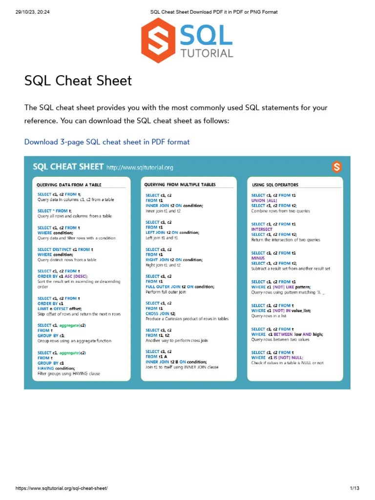 SQL Cheat Sheet Download PDF It In PDF Or PNG Format | PDF | Table (Database) | Data Model