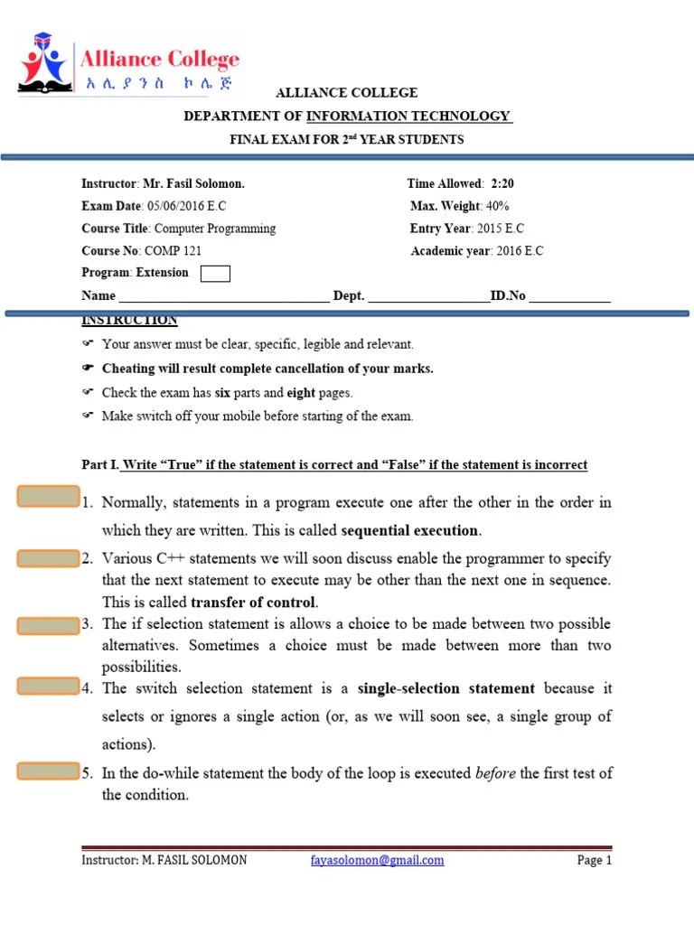 Computer Programming FinalExam | PDF | Parameter (Computer Programming ...