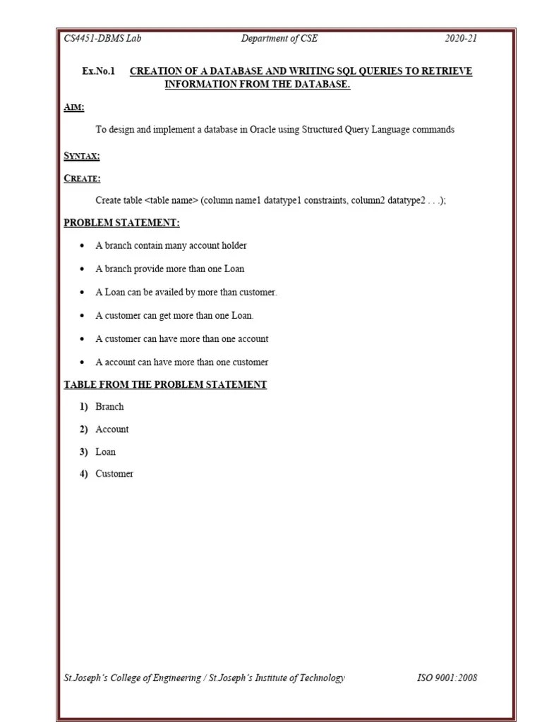 Dbms Lab Manual | PDF | Pl/Sql | Sql