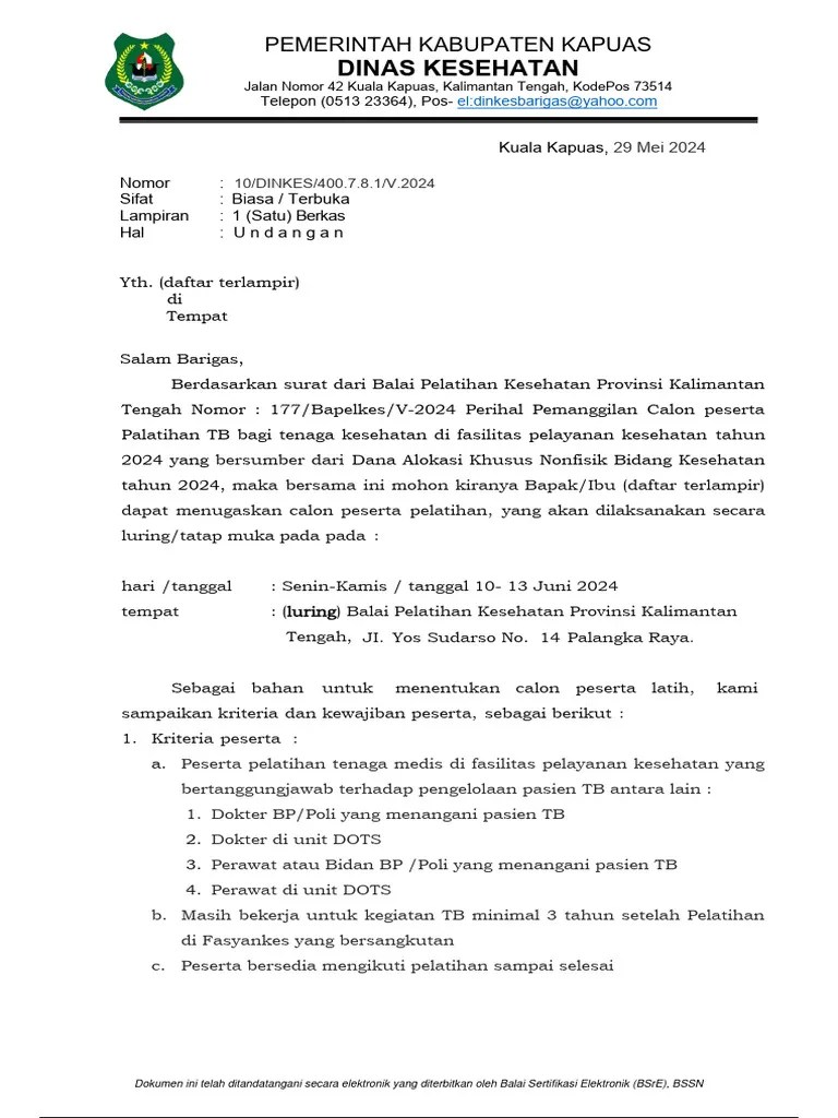 SURAT Undangan Pemanggilan Peserta Pelatihan Penanggulangan TBC 2024 | PDF