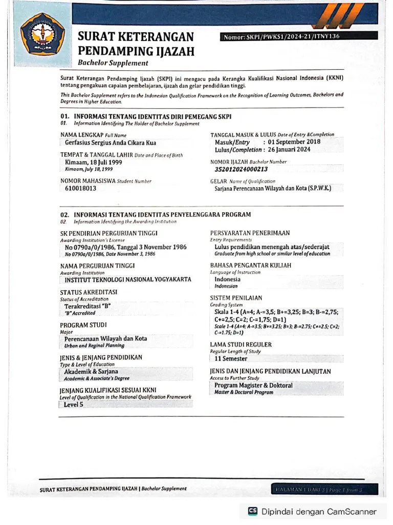 SURAT KETERANGAN PENDAMPINGAN IJAZAH S1 INSTITUT TEKNOLOGI NASIONAL YOGYAKARTA | PDF