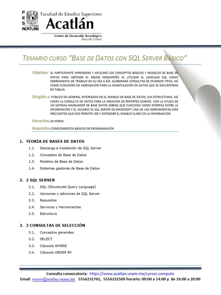 Base De Datos Con SQL Server Basico 20 Hrs Temario | PDF | SQL ...