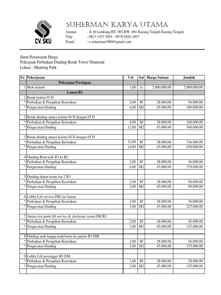 Pen. Pekerjaan Perbaikan Dinding Retak Tower Diamod - Menteng Park (1) | PDF