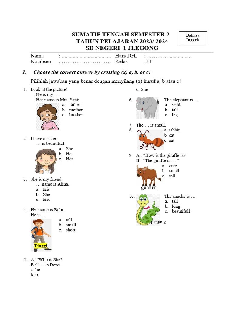 SOAL PTS B.INGGRIS 2023.2024 SD JOMBOR | PDF