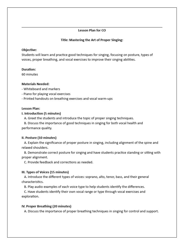 Voice Lesson Plan | PDF | Singing | Breathing