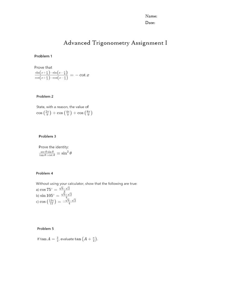Advanced Trigonometry Assignment I | PDF