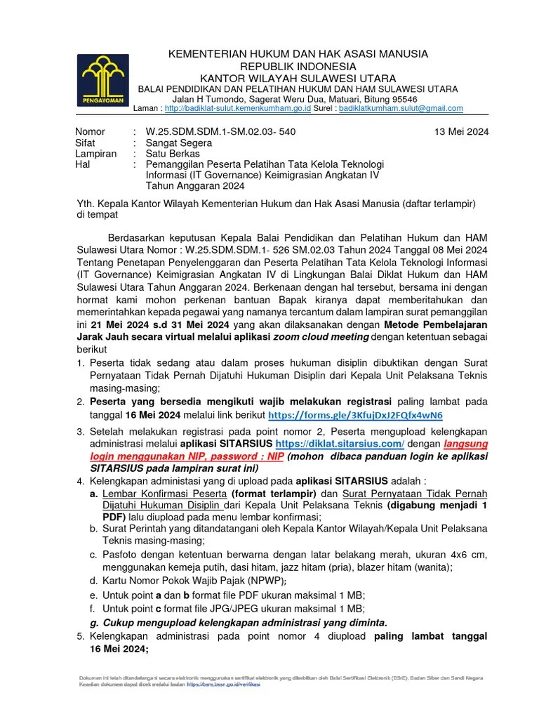 Surat Pemanggilan Peserta Pelatihan IT Governance Keimigrasian Akt IV ...